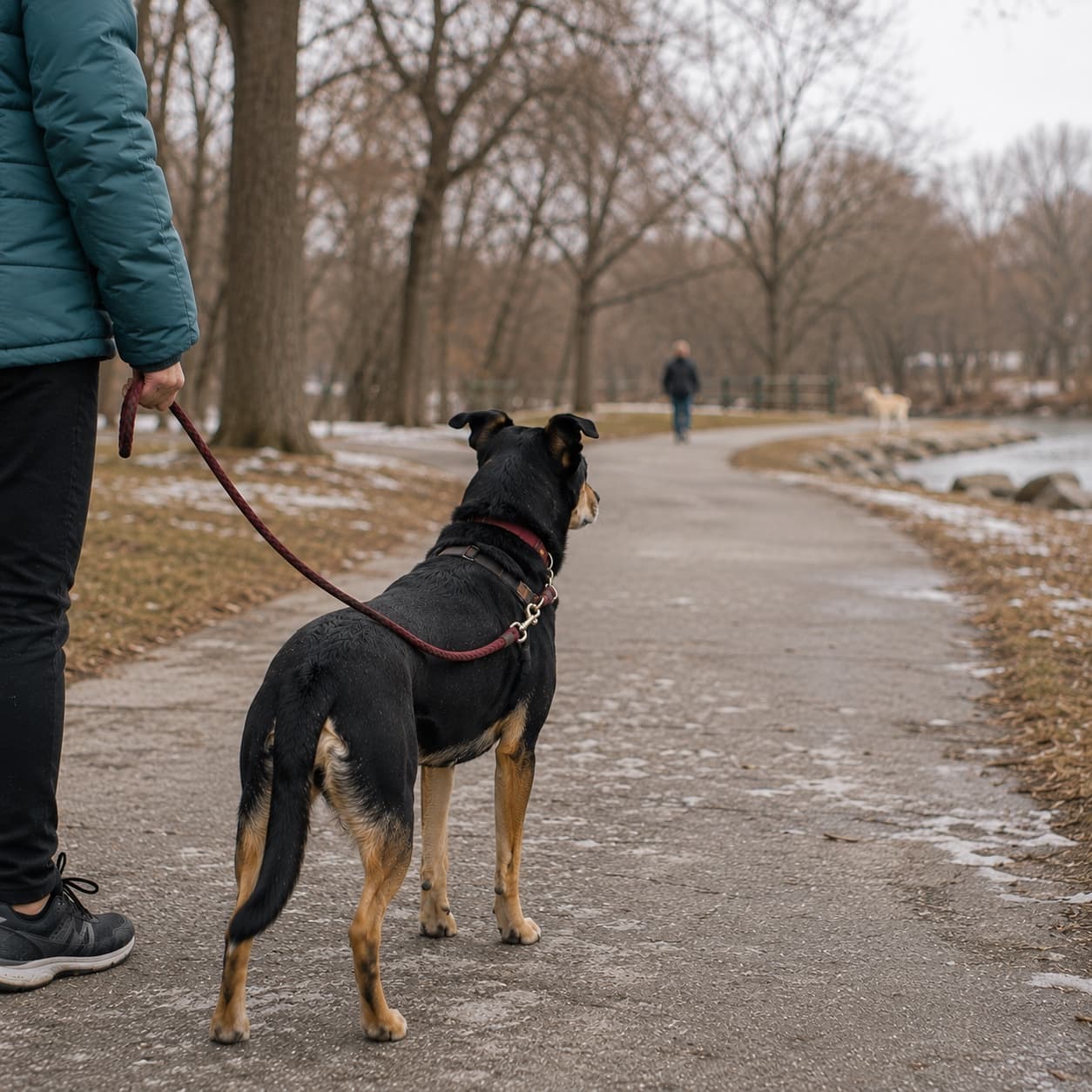 A dog on a loose leash in open space - BAT 2.0 uses distance, choice, and calm movement