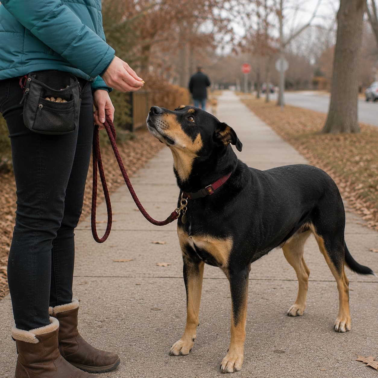 A dog taking a treat on a quiet sidewalk - high-value food helps reactive dogs learn below threshold