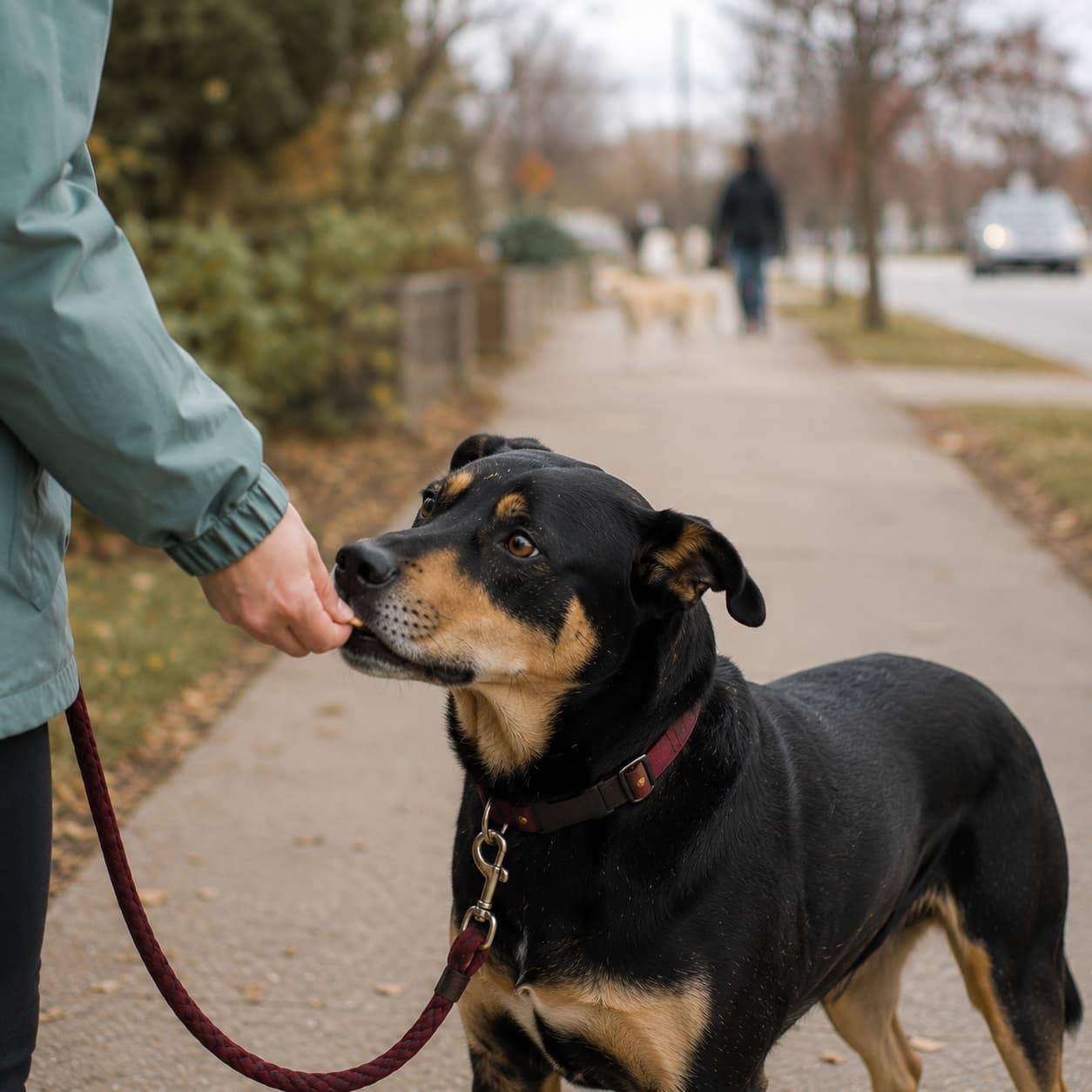 A dog calmly taking food while noticing the environment - counter-conditioning pairs triggers with good things