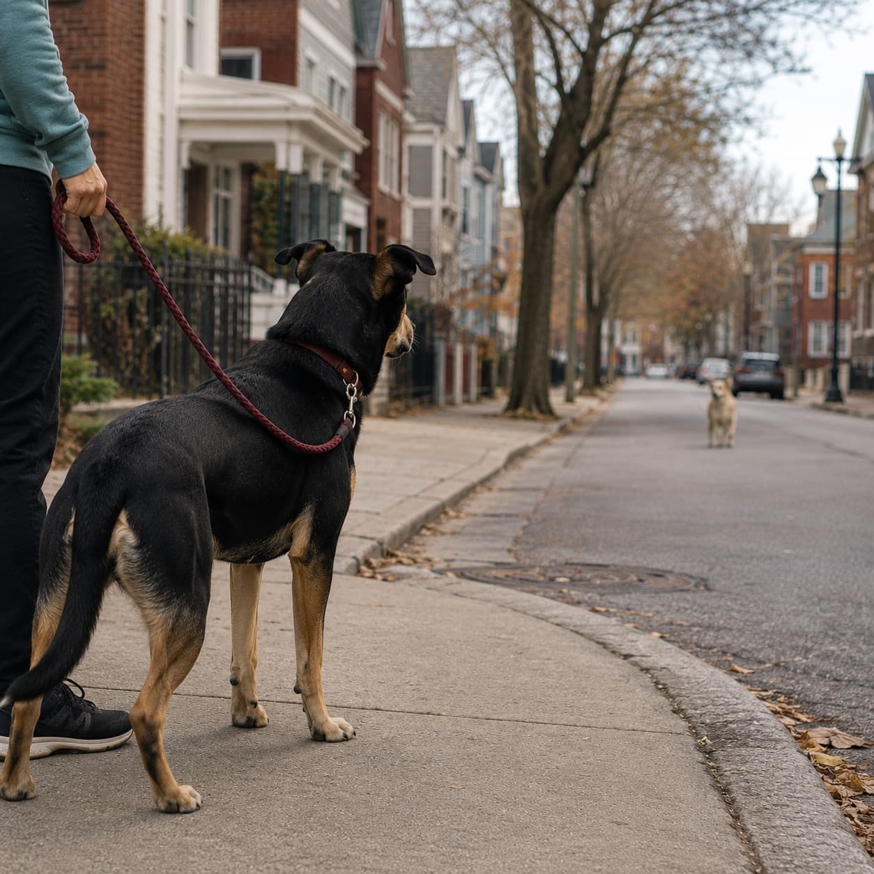 A thoughtful dog looking toward the handler - the body-language reading needed to separate fear from frustration
