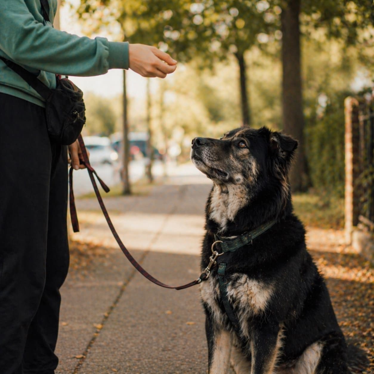 A focused dog making direct eye contact — the engaged, handler-oriented behavior LAT training is designed to build