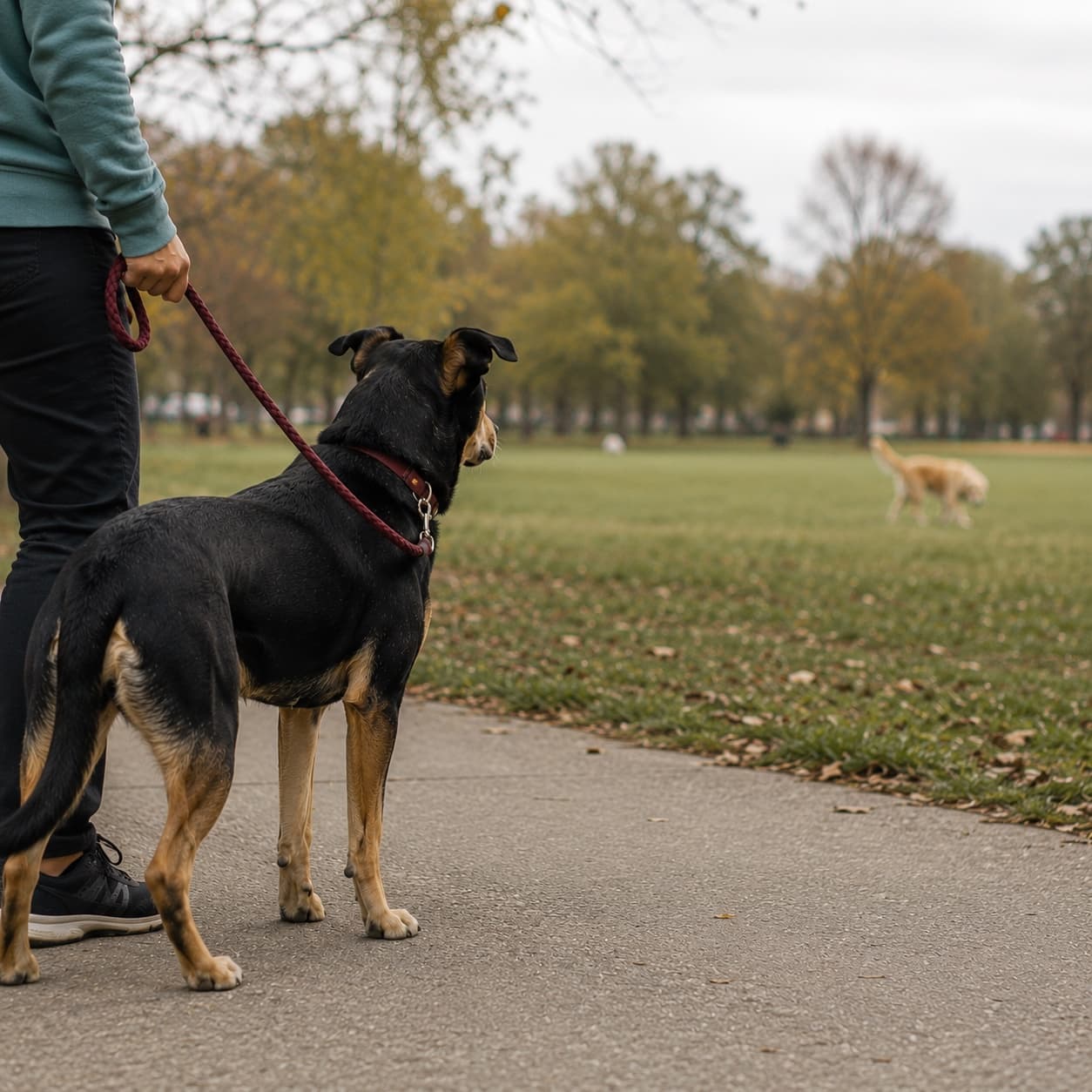 A confused dog looking up - the common owner question when a dog is social off leash but reactive on leash