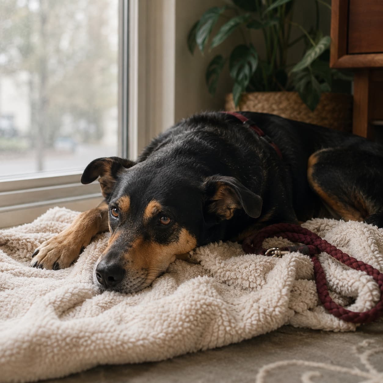 A subdued dog resting after stress - the recovery state to protect after a reactive dog meltdown