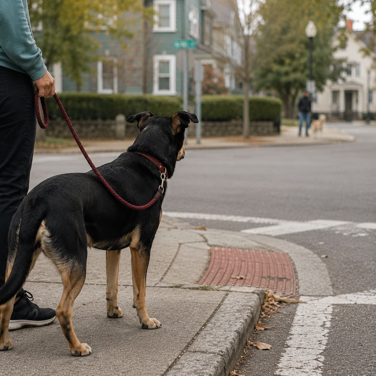A vigilant dog on leash at a street corner - the difference between reactivity and aggression depends on context and safety risk