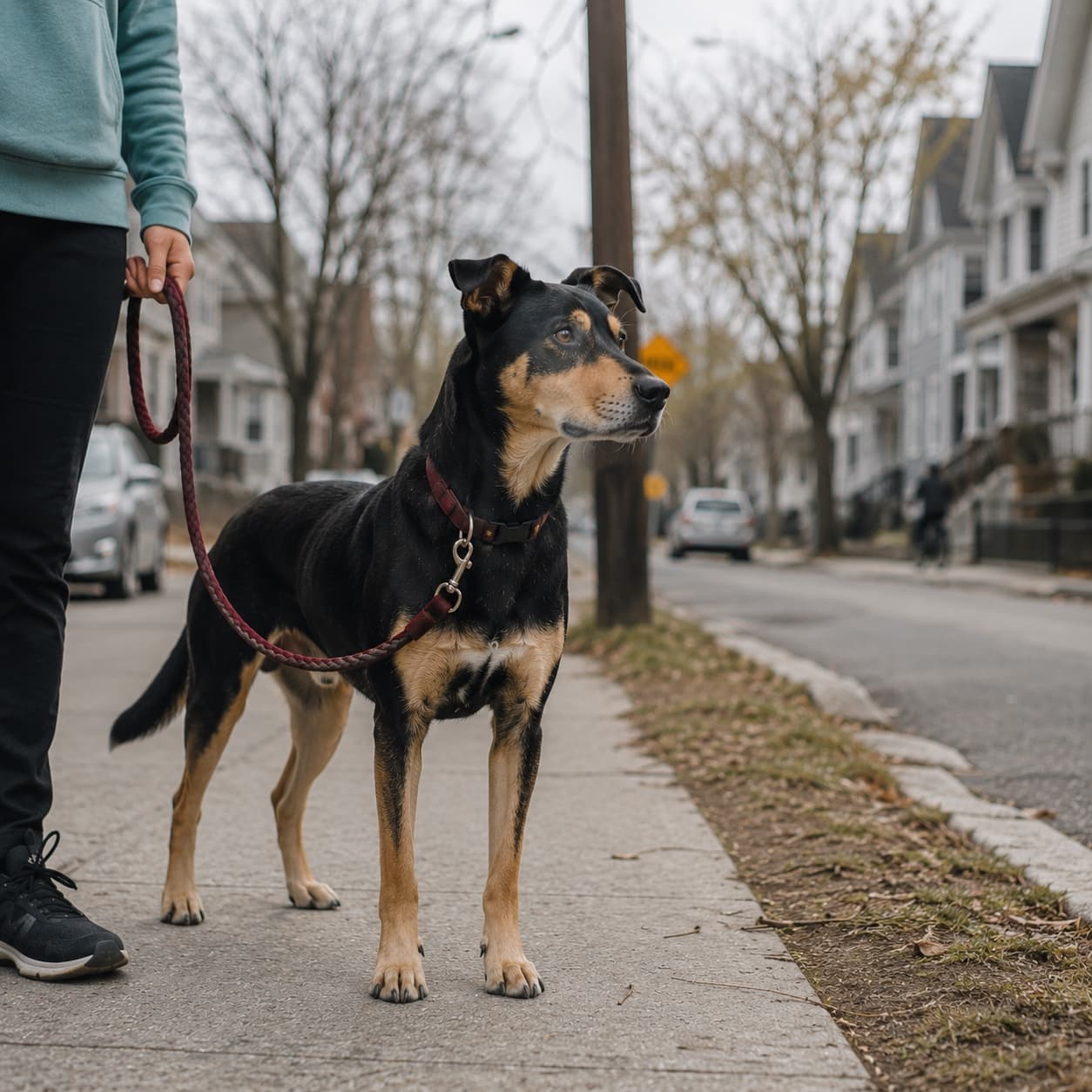An alert dog on a quiet sidewalk - the sensitive, overwhelmed state behind reactive dog behavior