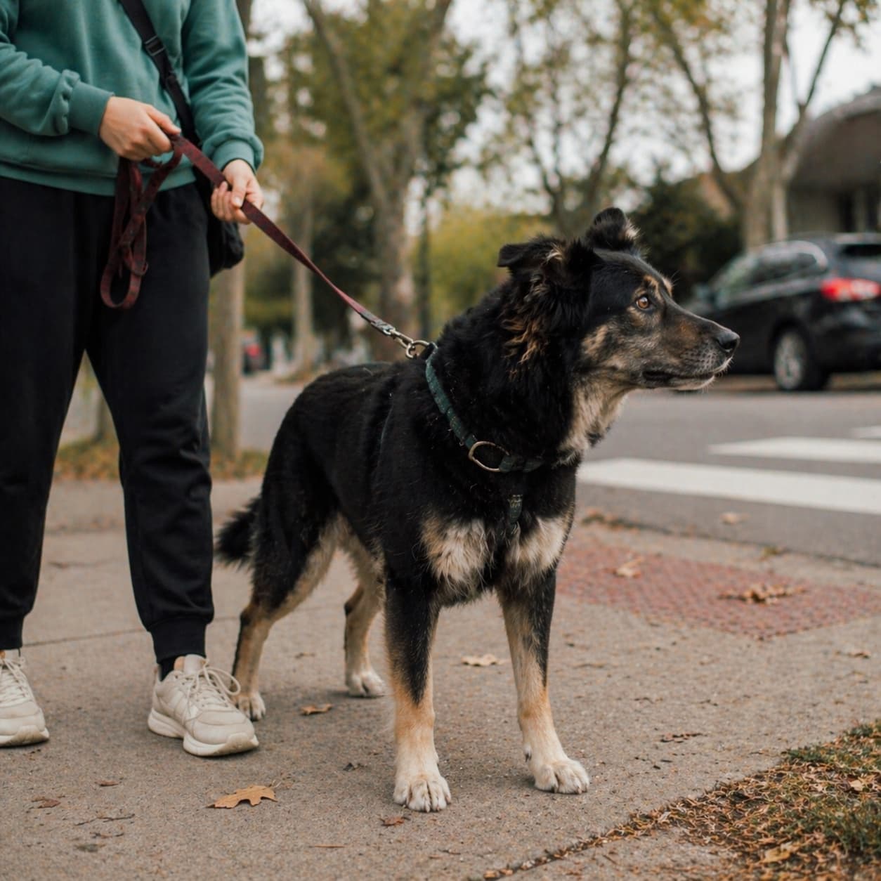 An alert, hyper-vigilant dog scanning the street — the primed nervous-system state that produces leash-reactive barking