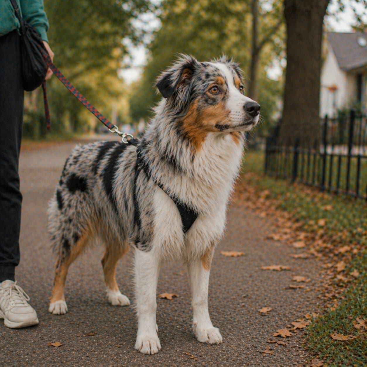 An Australian shepherd — one of the high-drive breeds that commonly barks and lunges at other dogs on walks