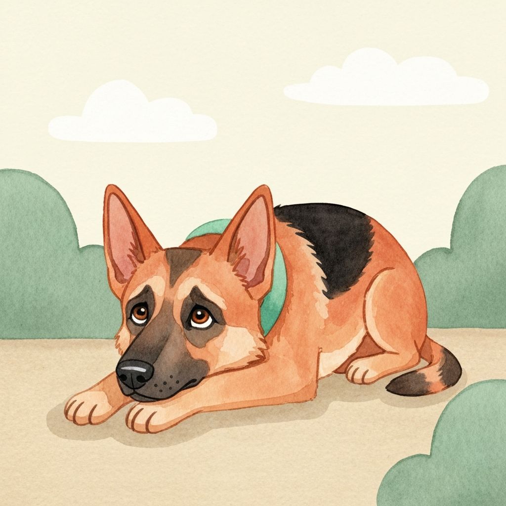 A dog lying low with wide, worried eyes — the body language of a fearful dog asking for more space